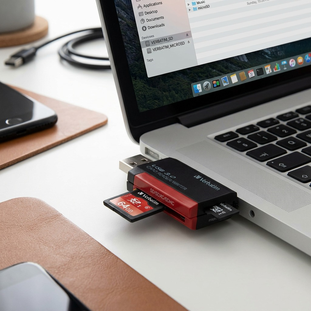 A close-up view of the black and red Verbatim card reader plugged into a laptop, with an SD card partially inserted.