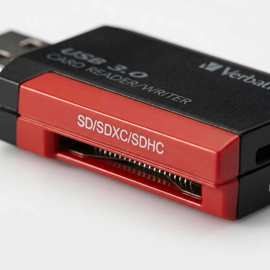 A macro close-up shot focused on the detailed SD card slot connection points of the Verbatim Pocket Reader.