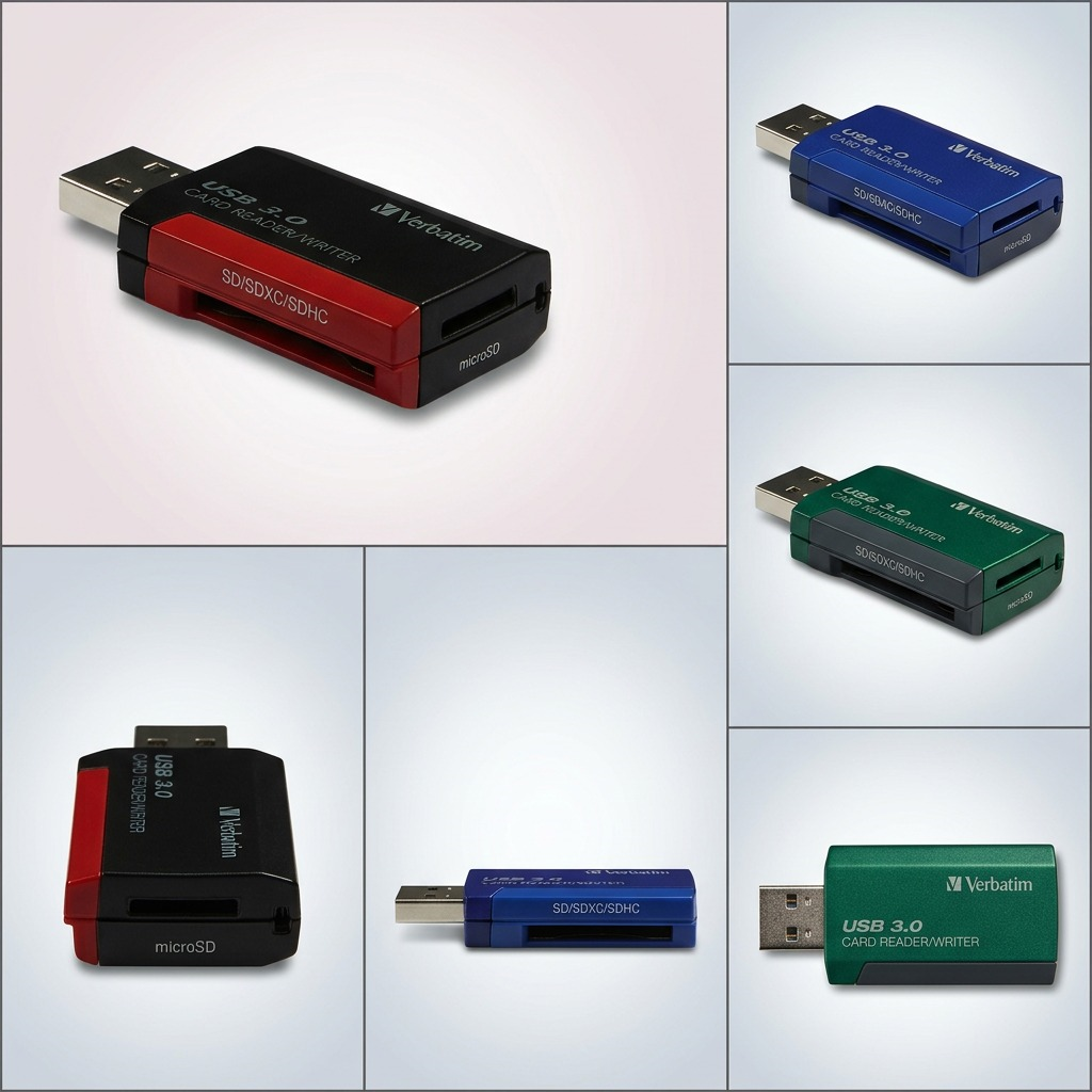 A product matrix featuring the black and red Verbatim USB 3.0 SD card reader shown from five different angles within a grid on a gradient background.