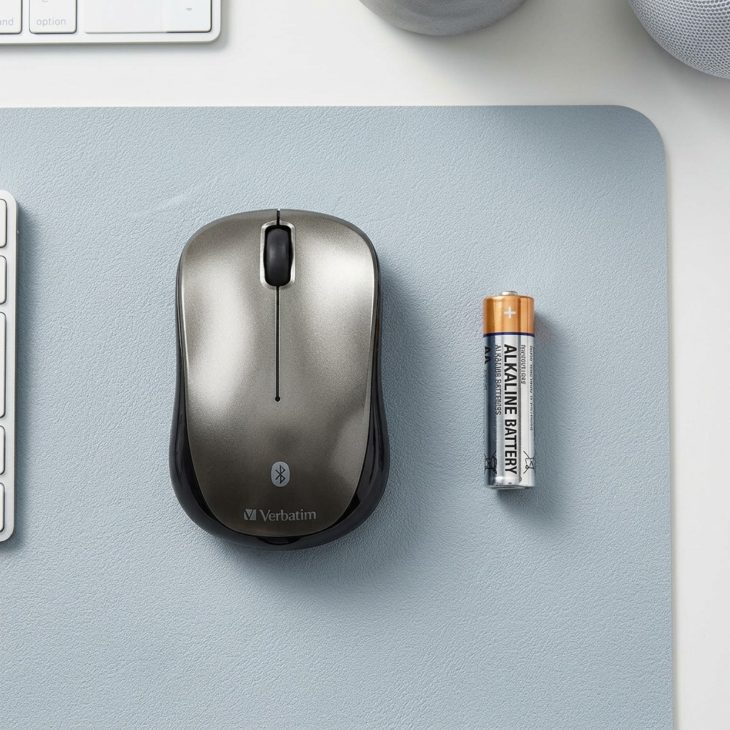 A top-down photograph showing the Verbatim graphite Bluetooth mouse on a light blue-grey textured mat, immediately to the right of a standard-sized AA alkaline battery laid horizontally. Both objects are positioned side-by-side, clearly demonstrating their relative scales and true size. Real-world proportions are accurate and instantly relatable. The scene is lit with even, natural light, highlighting the mouse's form and finish. (Approx. 95 chars)