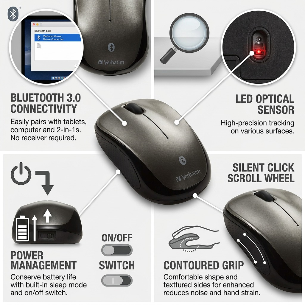 Operational features of the Verbatim Bluetooth Mouse with specific components and icons.