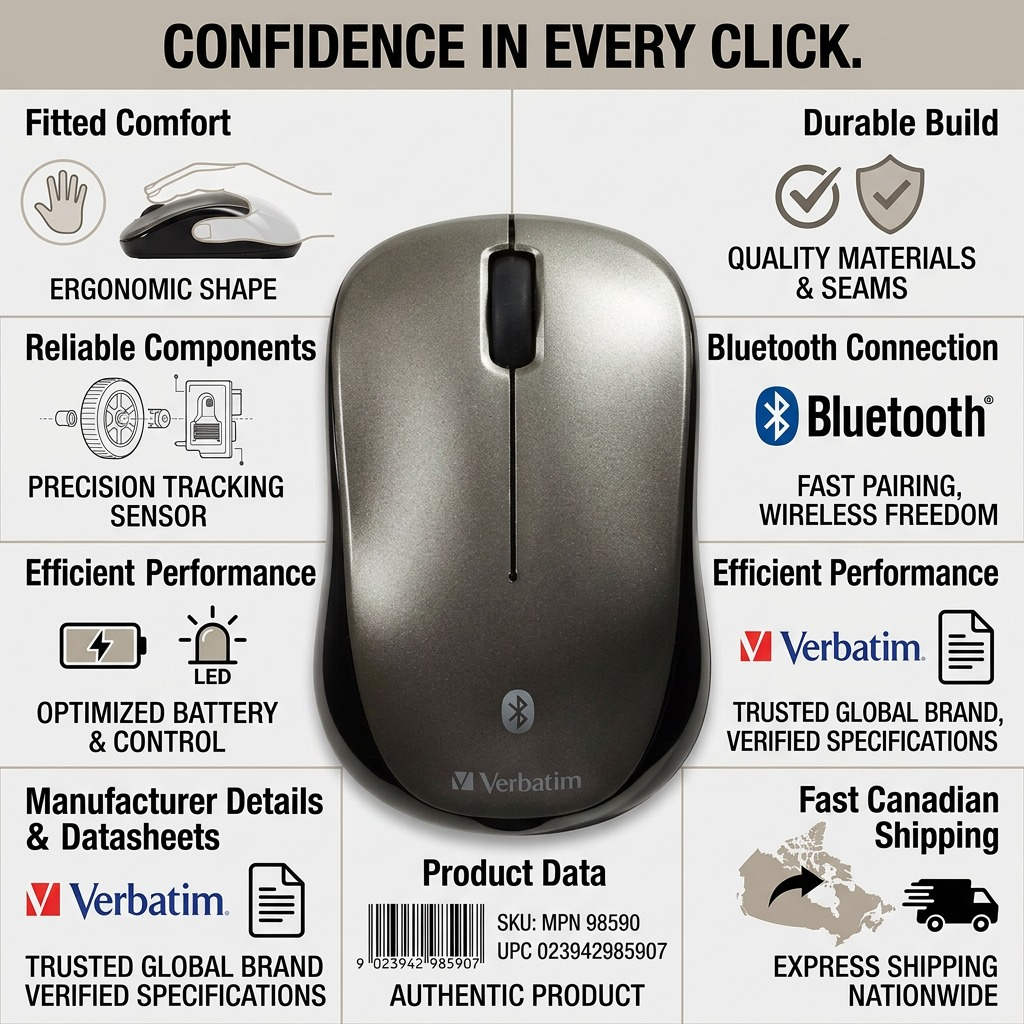 A clean ecommerce infographic featuring the Verbatim mouse and concise trust indicators for performance.