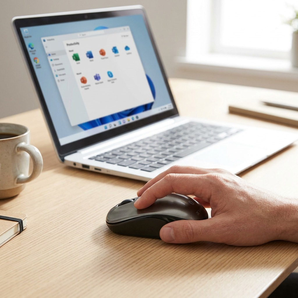 A realistic photo of the Verbatim Graphite Bluetooth Mouse being used on a clean desk next to a laptop and coffee cup.