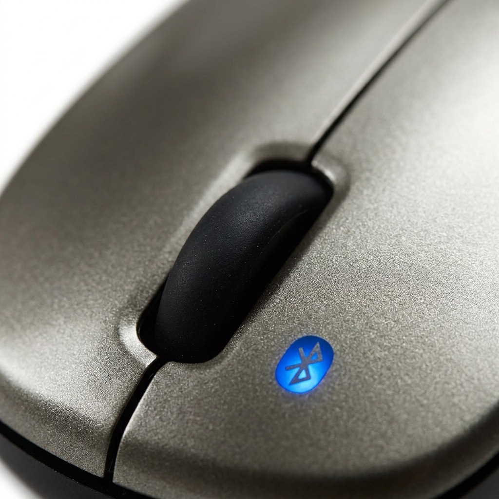 A macro photo of a graphite grey Bluetooth mouse, showcasing its texture and blue pairing light.