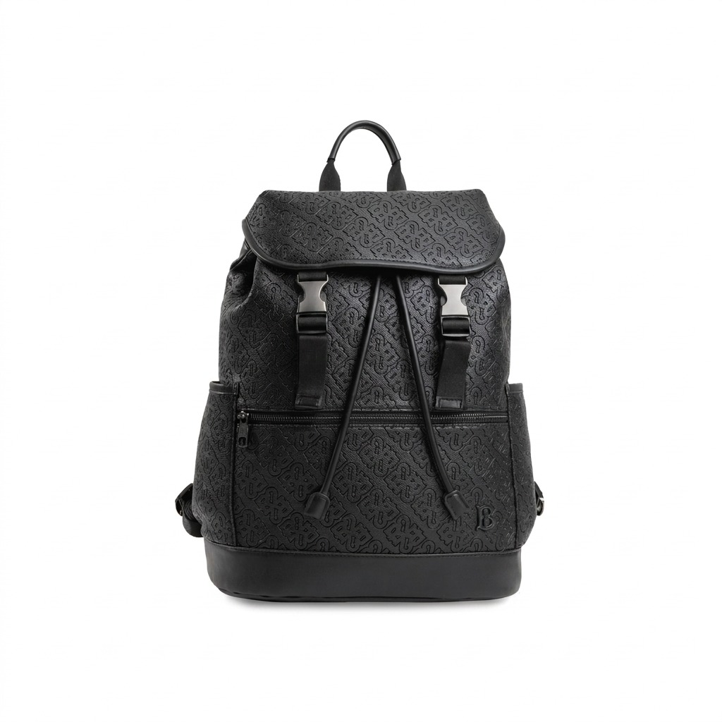 Bugatti Rick Ross The Boss Edition Backpack in Phantom black textured PU leather with metal buckles.
