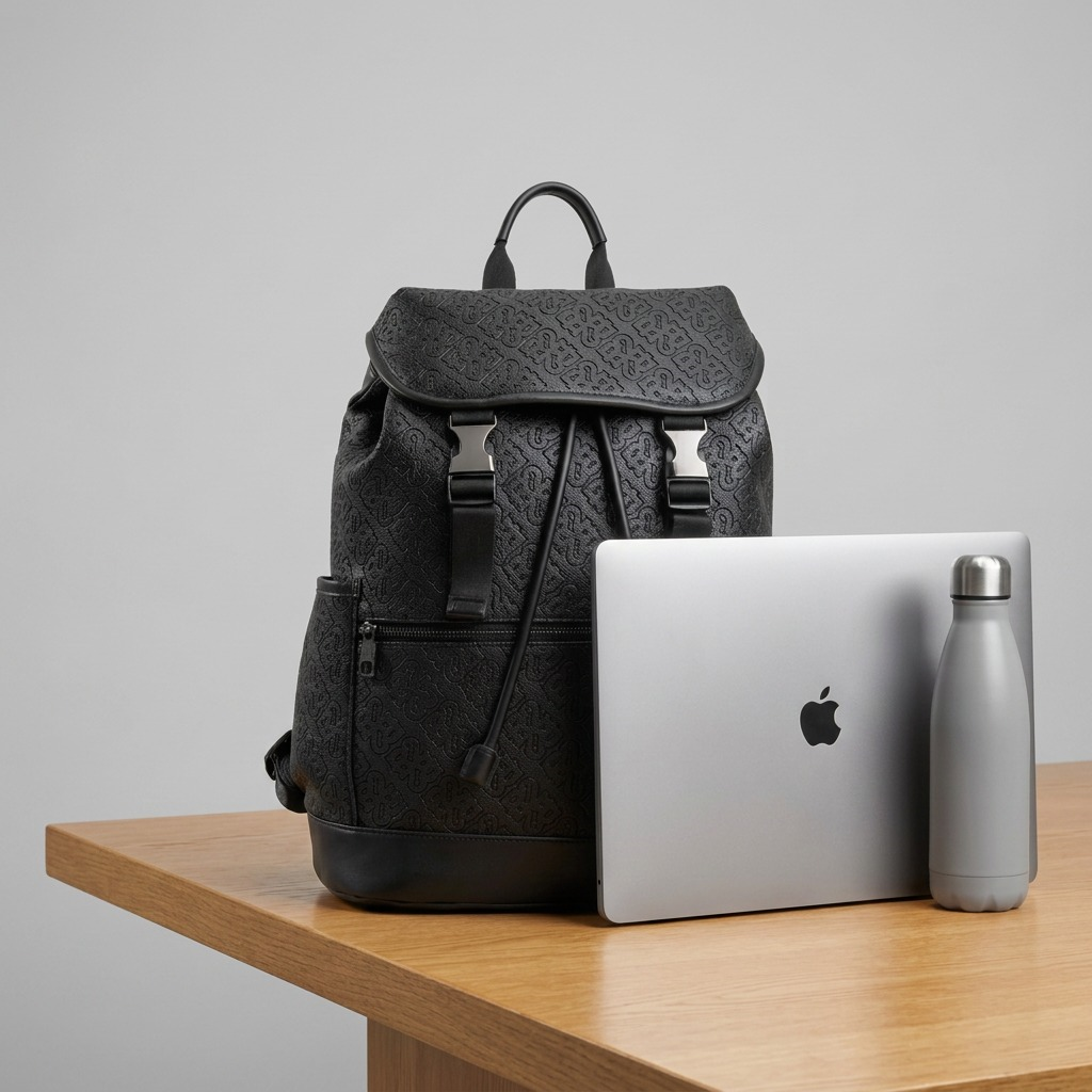 Bugatti Rick Ross The Boss Edition Backpack in Phantom black textured PU leather with metal buckles.
