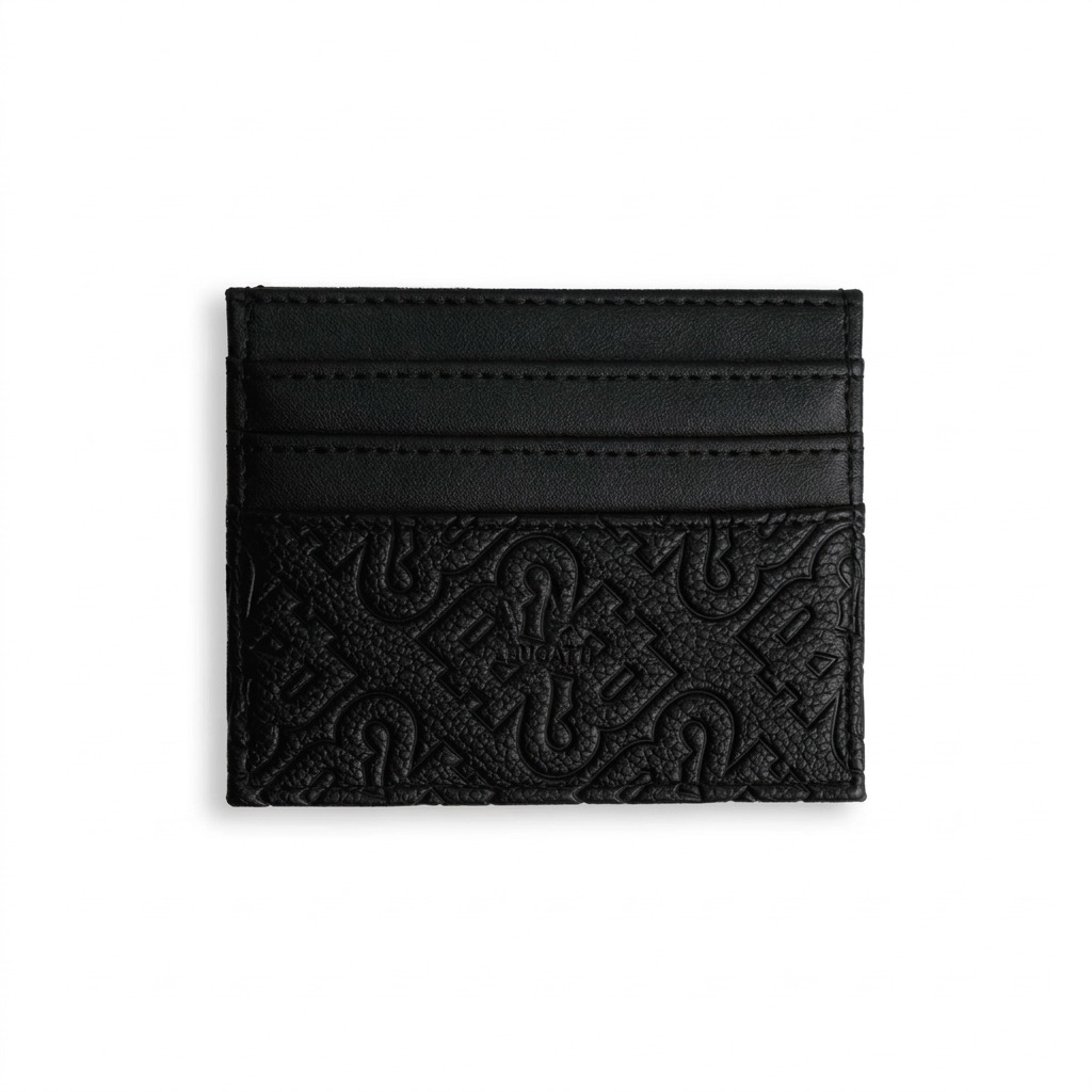 A high-resolution black leather Bugatti card holder with debossed 'Rick Ross The Boss' branding and card slots, centered on a pure white background.