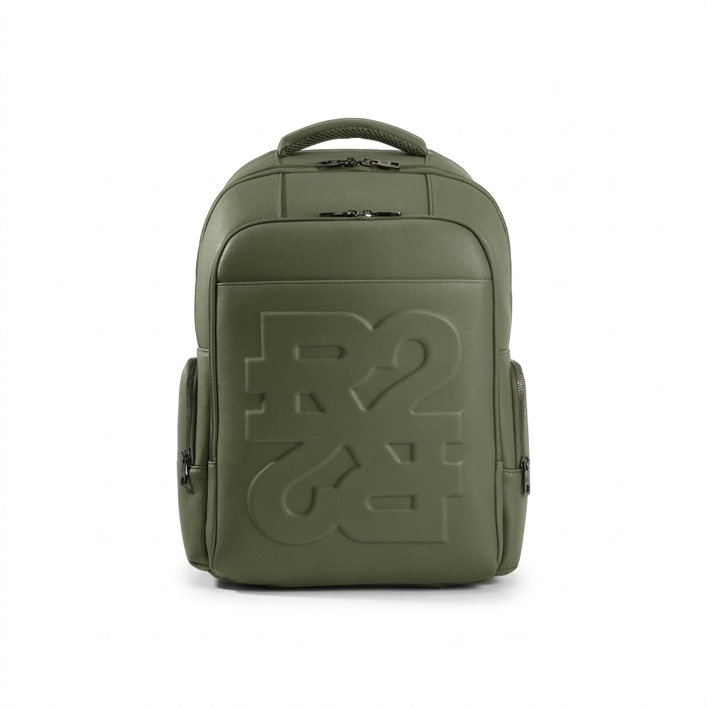High-resolution hero shot of the Bugatti BKP1000RR-KHAKI PU grit green backpack on white background.