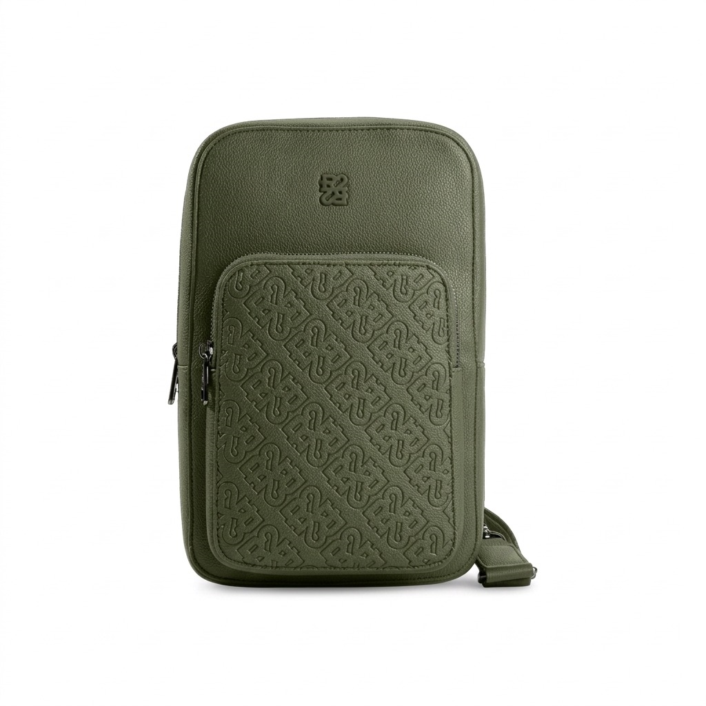 Bugatti Rick Ross sling bag in textured khaki green, centered with logos against a plain white background.
