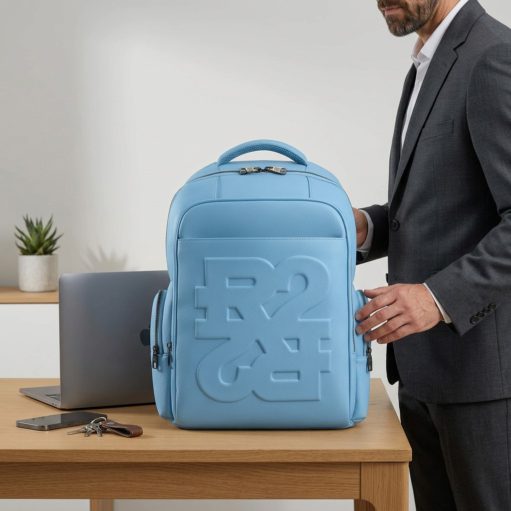 High-resolution hero shot of the blue Bugatti Rick Ross Edition backpack on a white background.