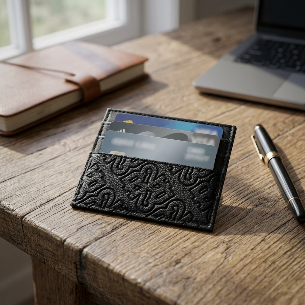 A high-resolution black leather Bugatti card holder with debossed 'Rick Ross The Boss' branding and card slots, centered on a pure white background.