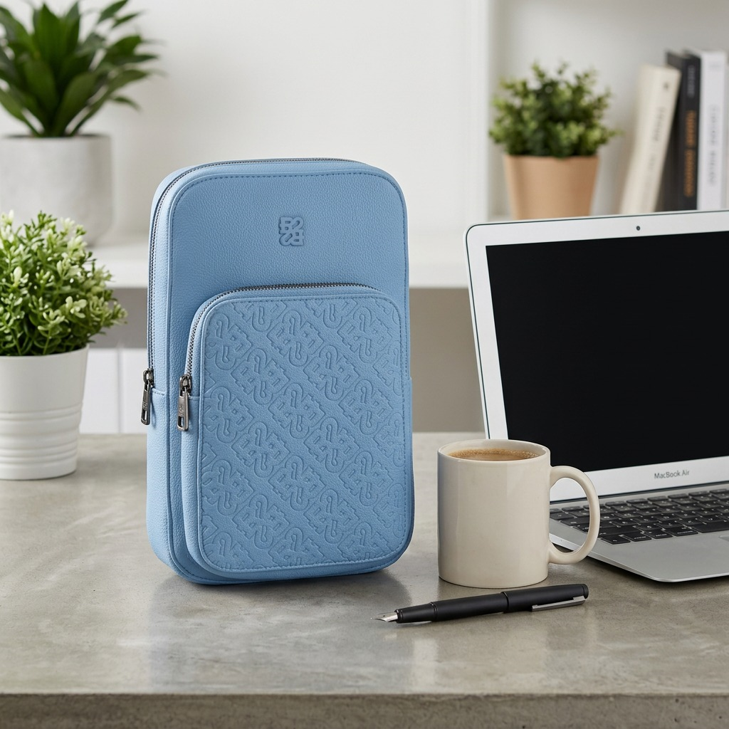 Pure ecommerce hero shot of the Bugatti Sling Bag, PU Drift Blue, centered on a white background with a subtle shadow.