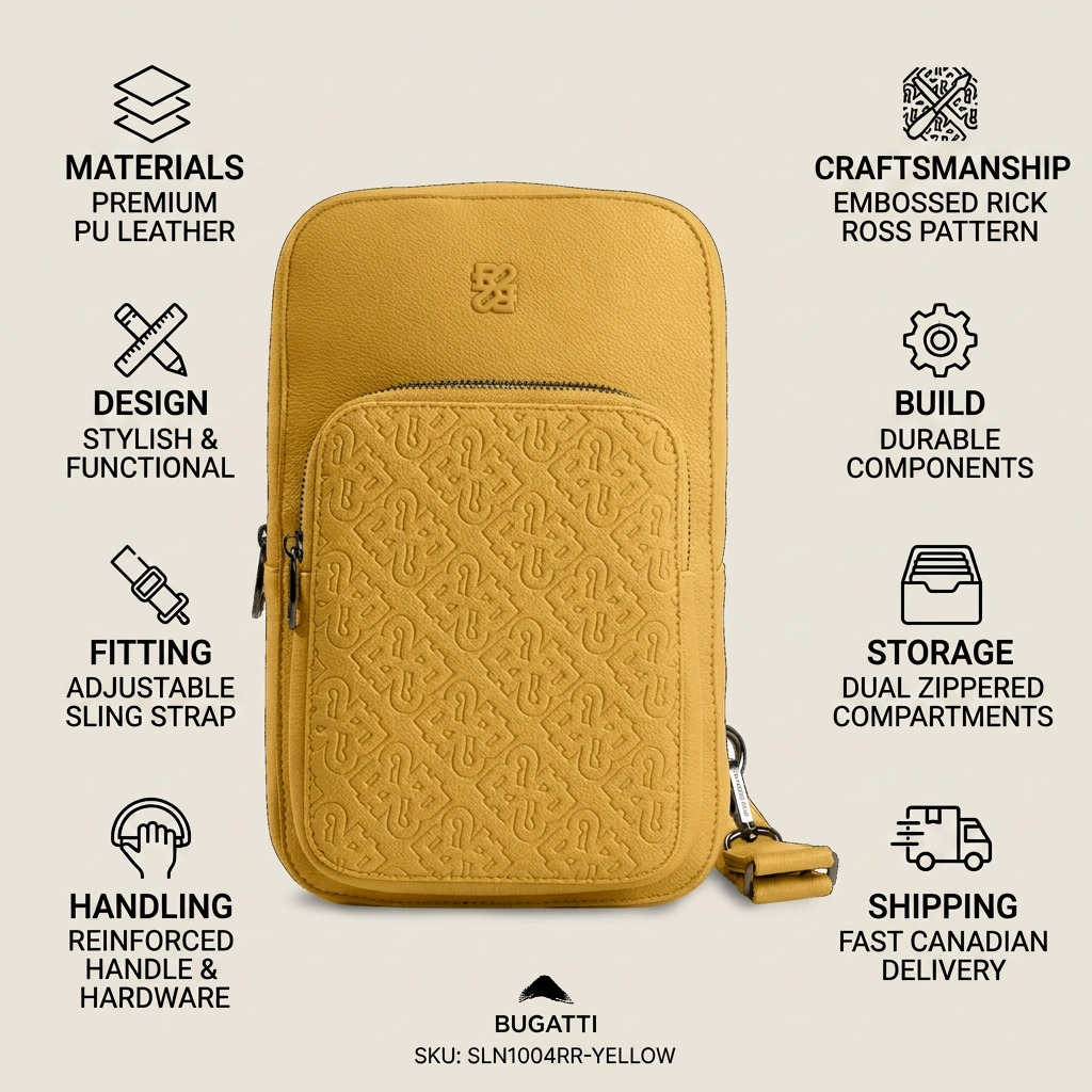 Pure hero shot of the Bugatti Rick Ross Edition PU Yellow Sling Bag on a white background.