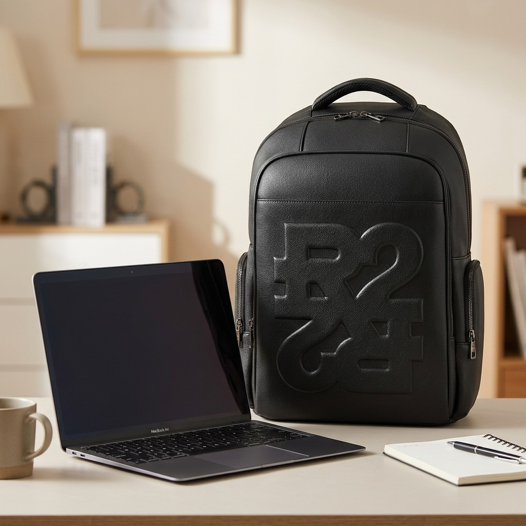 Bugatti Phantom black embossed backpack, centered hero shot on white.