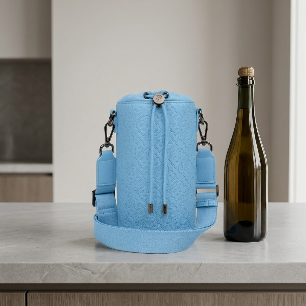 A premium ecommerce hero shot on a white background of a light blue Bugatti champagne bag.