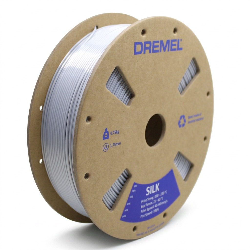 Dremel – Filament PLA soyeux argenté, 1,75 mm, 0,75 kg — vue principale, réf. SLK-SIL-01