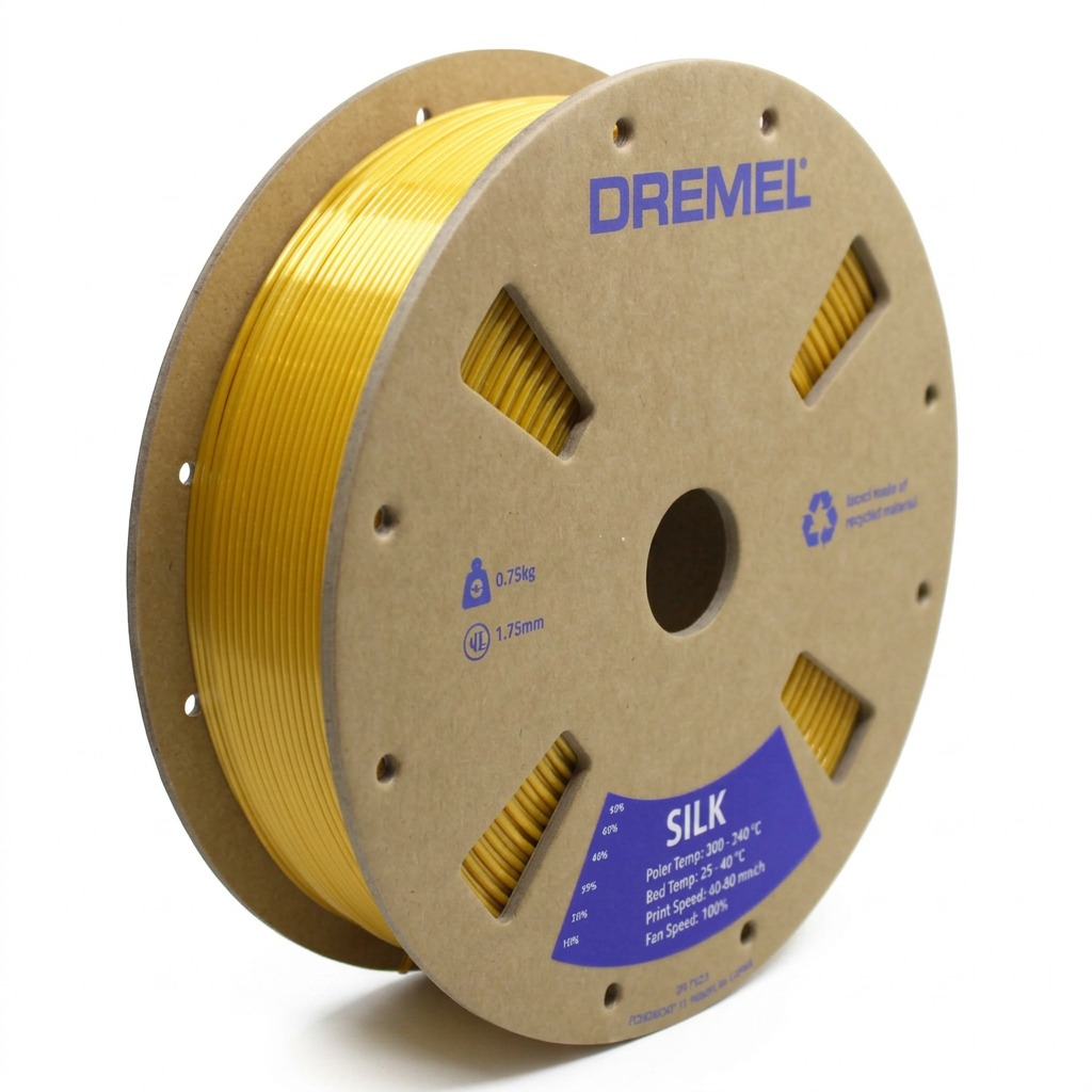 Pure, high-resolution hero image for K4MTG16PBV82Y93HHMLY: a Dremel 0.75kg spool of Gold Silk 3D printing filament with clean white background.