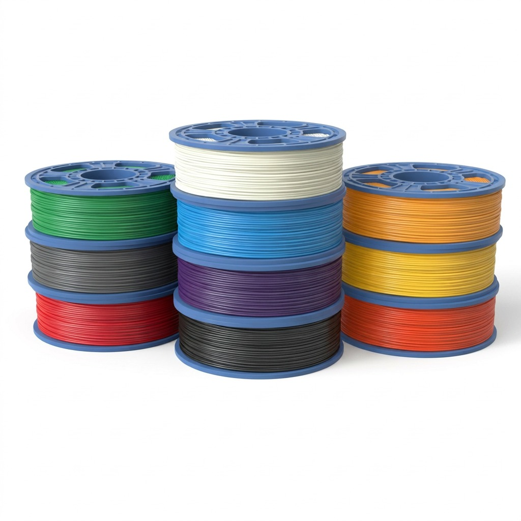 A high-resolution, centered photograph of the 3PI Tech Solutions, Inc 3D PLA Filament Spool 10-pack, set against a pure white background. The three stacks of colourful spools are crisply defined.