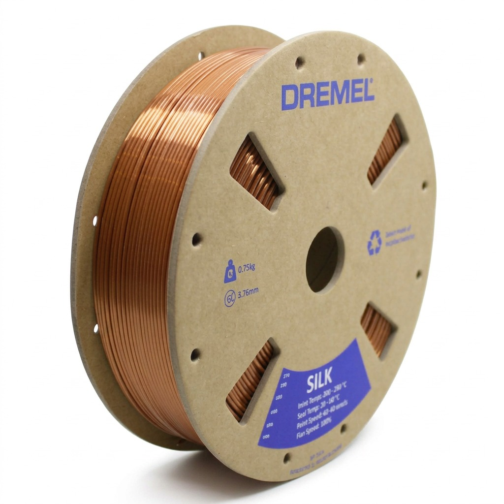A crisp hero photograph of the Dremel brand copper silk 3D printer filament spool on a pure white background. The shiny copper-colored filament is tightly wound on a brown recycled fiberboard spool.