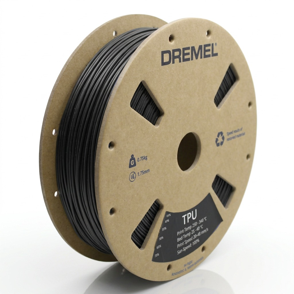 Dremel Black TPU 1.75mm 0.75kg 3D Filament Spool on Recycled Cardboard-like Hub and Spoke Spool.