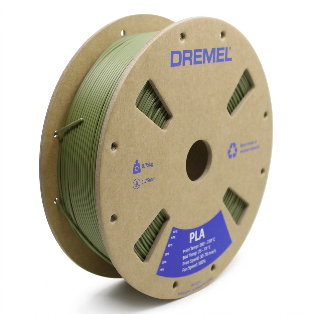 High-resolution centered hero shot of a Dremel matte olive green PLA filament spool on a pure white background.