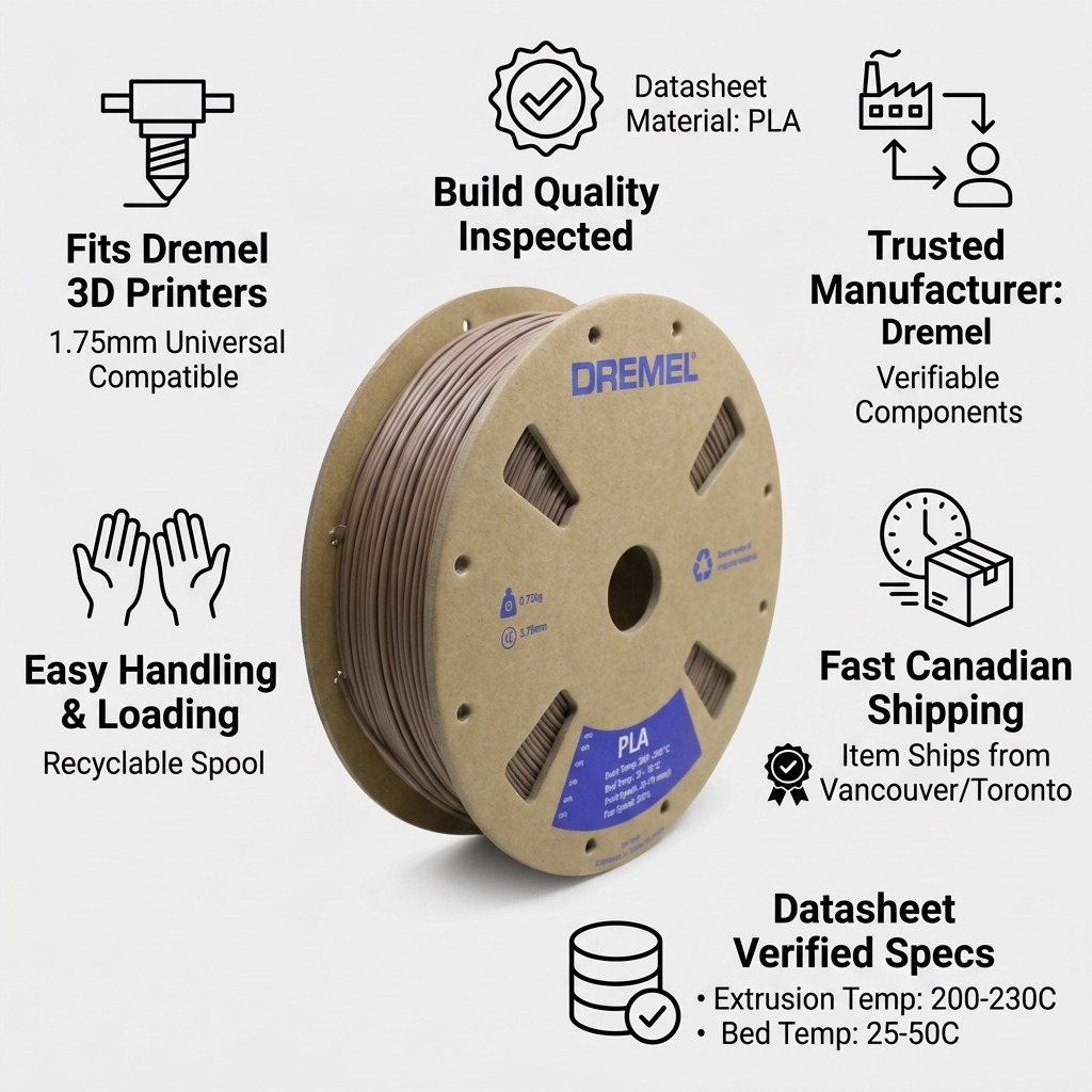 Dremel – Filament PLA brun mat, 1,75 mm, 0,75 kg — présentation des caractéristiques, réf. PLA-BRO-01
