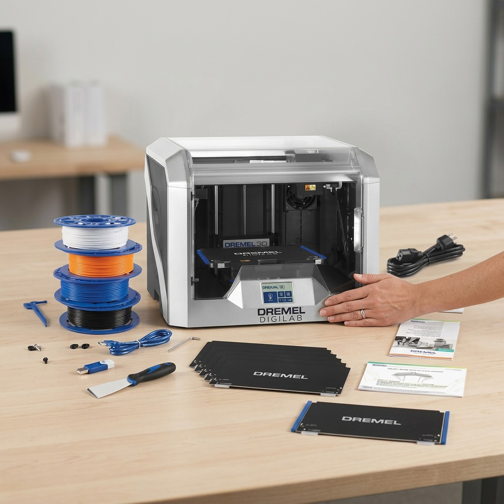 A high-resolution hero shot of the Dremel DigiLab 3D40-FLX 3D Printer, isolated on a pure white background.