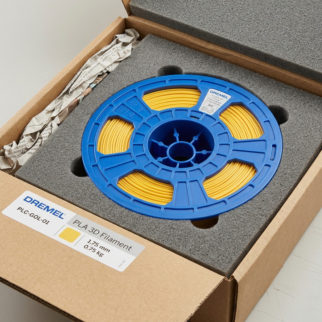 Dremel – Filament PLA doré, 1,75 mm, 0,75 kg — présentation de l’emballage, réf. PLA-GOL-01