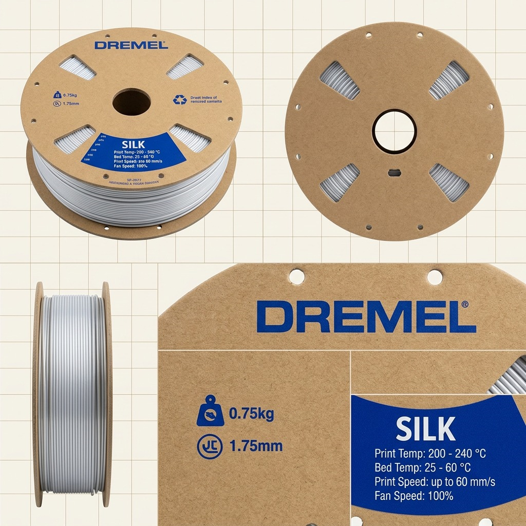 High-resolution hero shot of silver 3PI Dremel 3D Silk PLA filament on a cardboard spool.