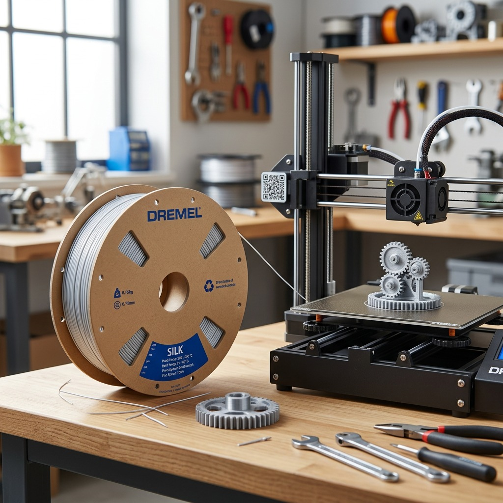 Dremel – Filament PLA soyeux argenté, 1,75 mm, 0,75 kg — présentation en situation, réf. SLK-SIL-01