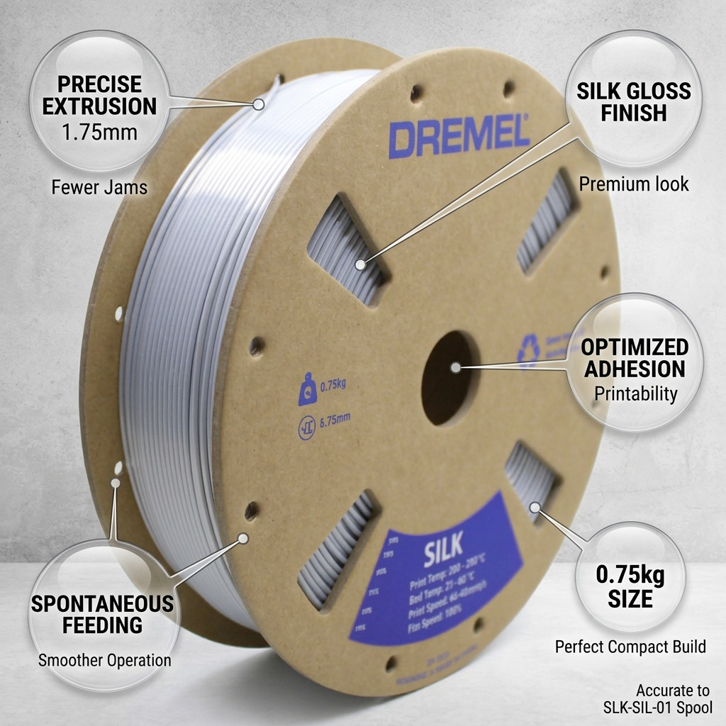 Dremel – Filament PLA soyeux argenté, 1,75 mm, 0,75 kg — présentation des caractéristiques, réf. SLK-SIL-01