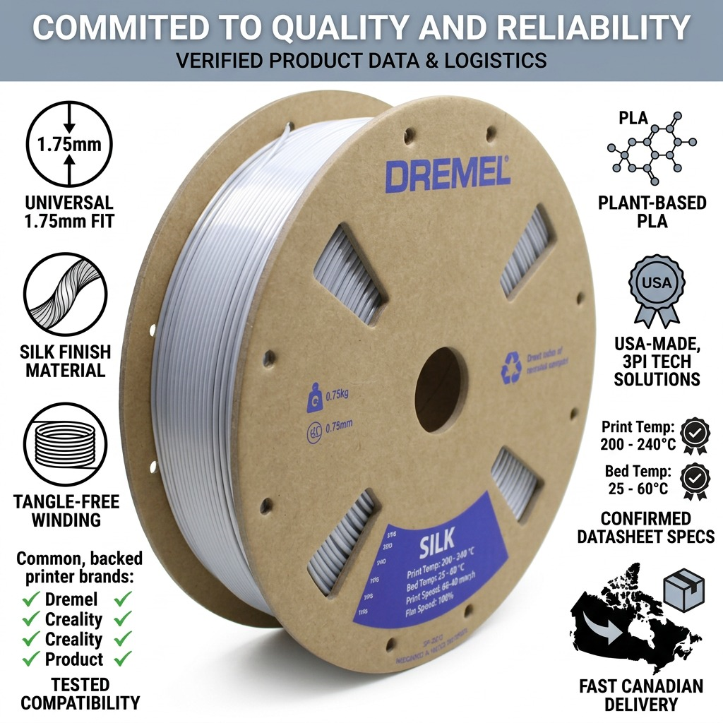 Dremel – Filament PLA soyeux argenté, 1,75 mm, 0,75 kg — présentation des caractéristiques, réf. SLK-SIL-01