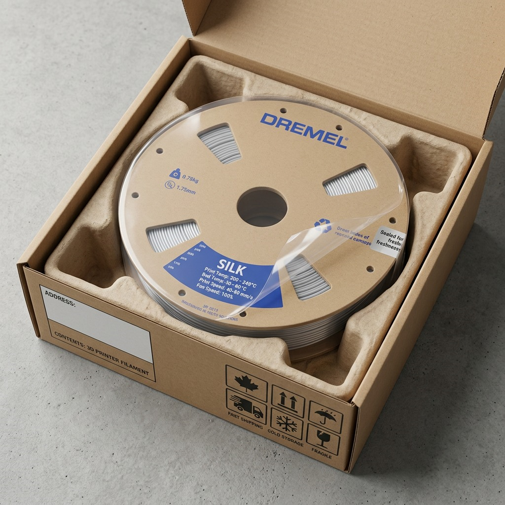 Dremel – Filament PLA soyeux argenté, 1,75 mm, 0,75 kg — présentation de l’emballage, réf. SLK-SIL-01