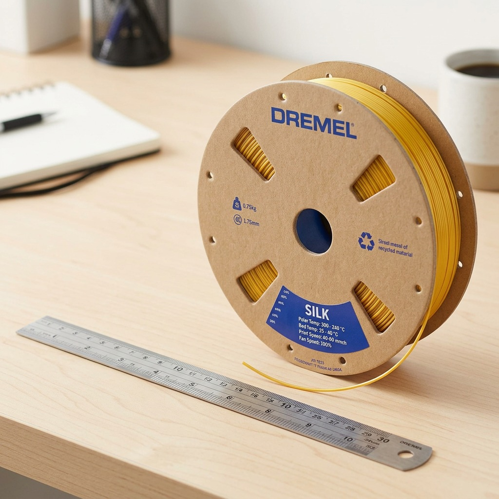Pure, high-resolution hero image for K4MTG16PBV82Y93HHMLY: a Dremel 0.75kg spool of Gold Silk 3D printing filament with clean white background.