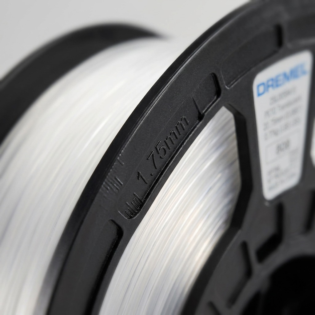Dremel – Filament PETG translucide, 1,75 mm, 0,75 kg — gros plan des détails, réf. PETG-TRA-01