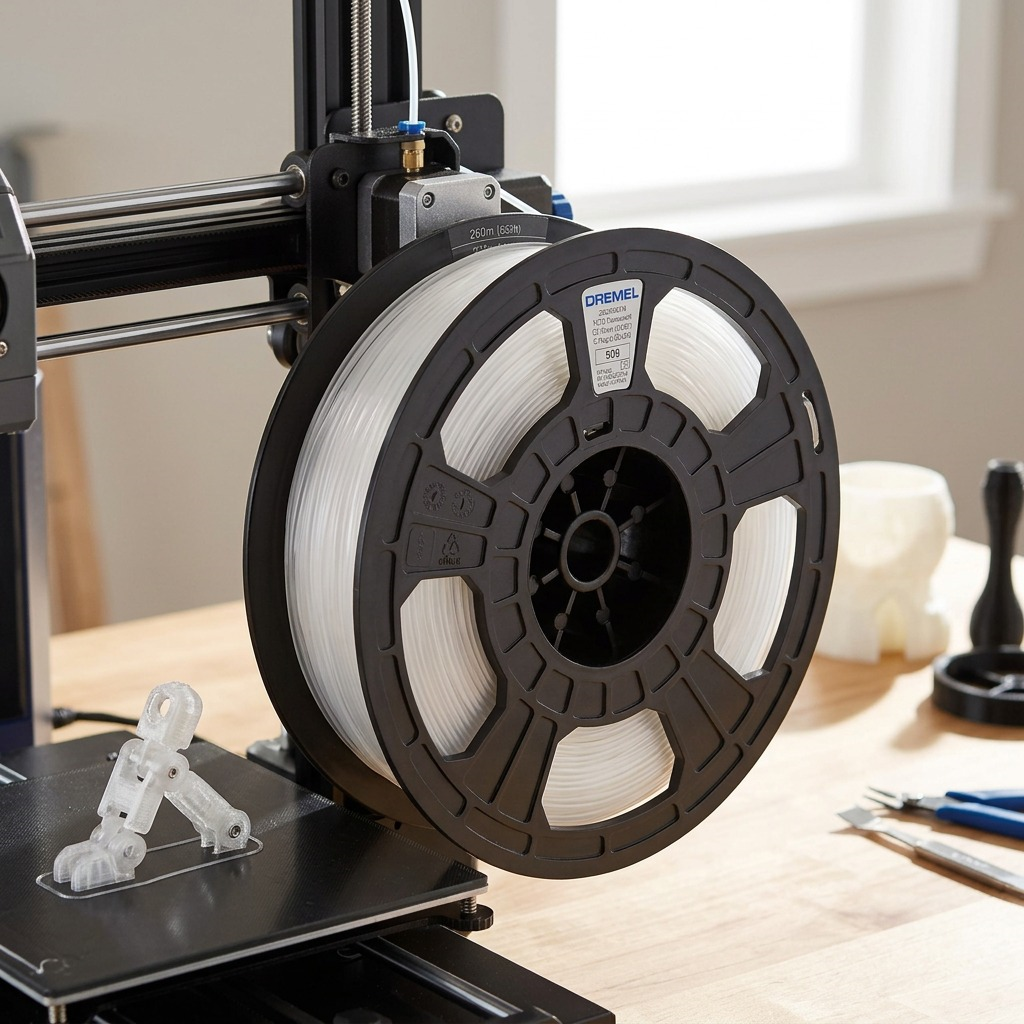 Dremel – Filament PETG translucide, 1,75 mm, 0,75 kg — présentation en situation, réf. PETG-TRA-01