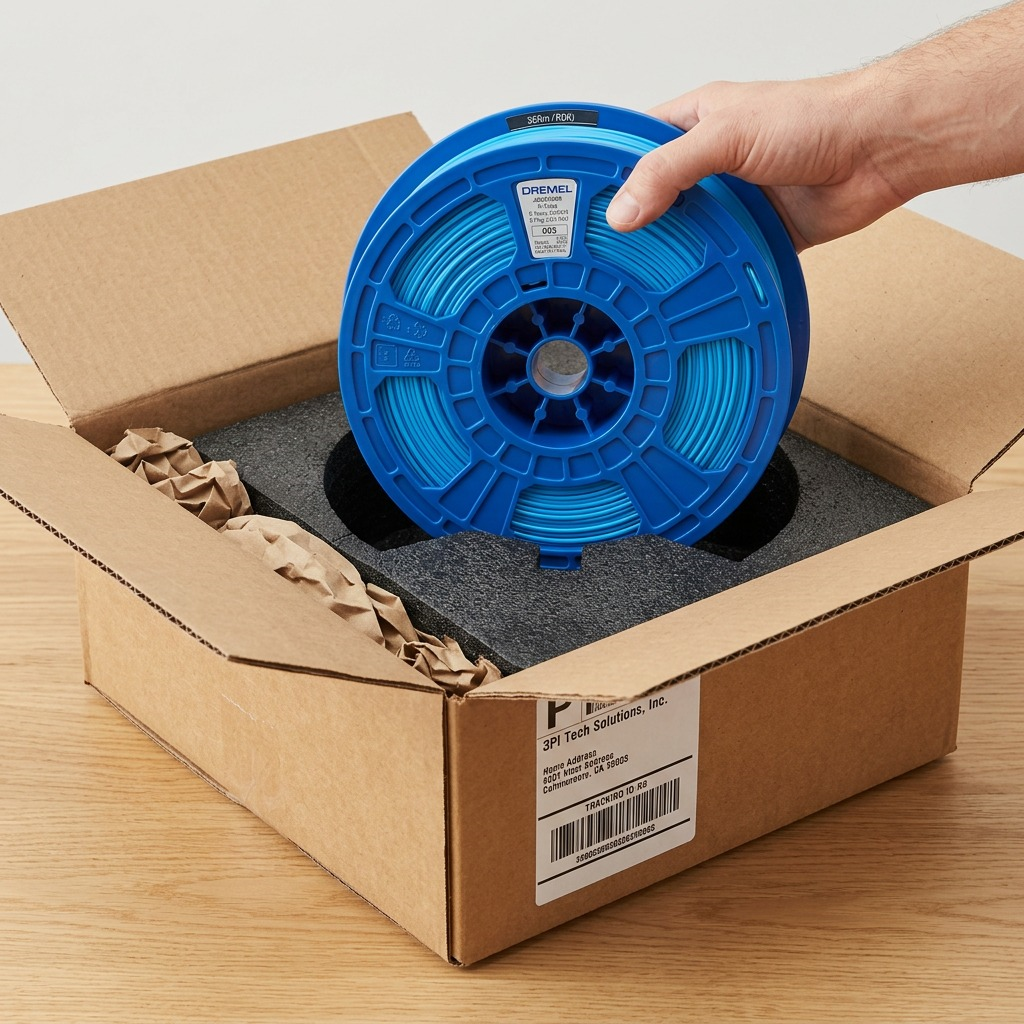 High-resolution hero shot of blue Dremel 3D PLA filament on a spool, on white background.
