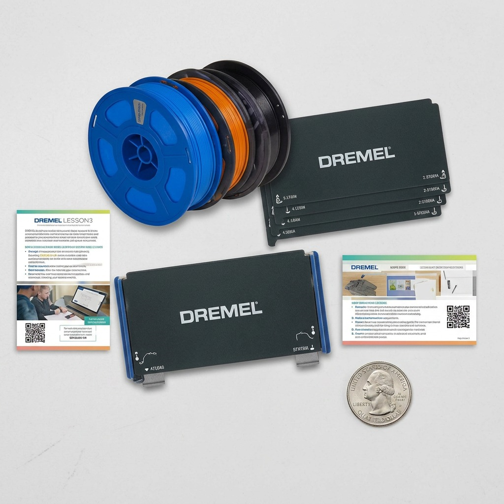 Hero shot of 3PI 3DFLEXEDU-KIT on white back, featuring spools, build plates, and manuals.