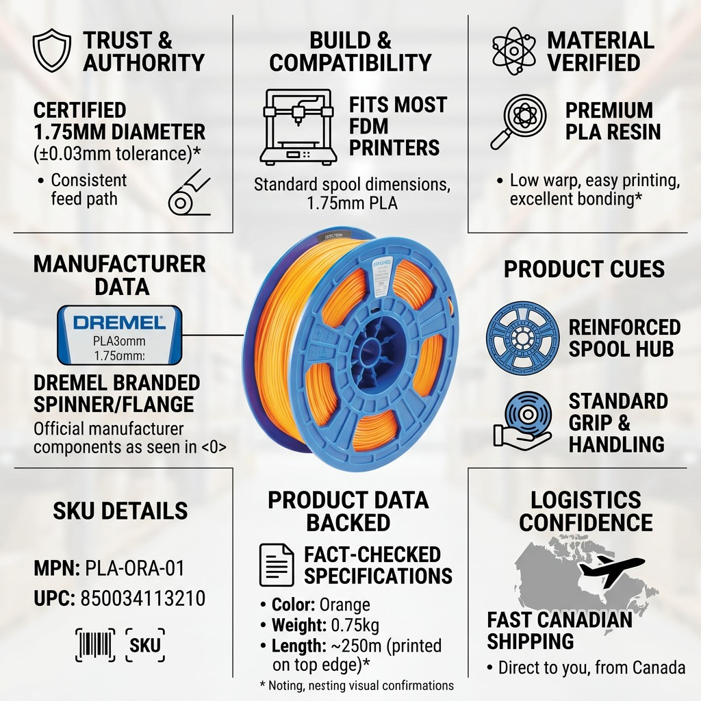 Dremel – Filament PLA orange, 1,75 mm, 0,75 kg — présentation des caractéristiques, réf. PLA-ORA-01
