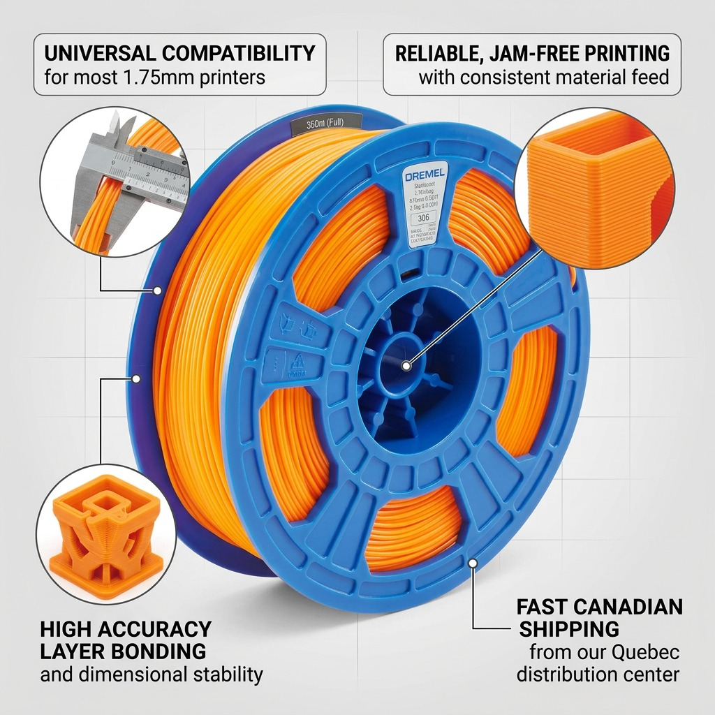 Dremel – Filament PLA orange, 1,75 mm, 0,75 kg — présentation des caractéristiques, réf. PLA-ORA-01