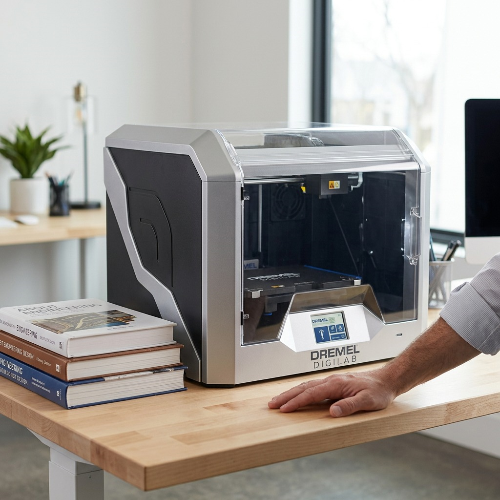 A high-resolution, centered view of the Dremel DigiLab 3D40-FLX 3D Printer, showing its unique silver and black design.