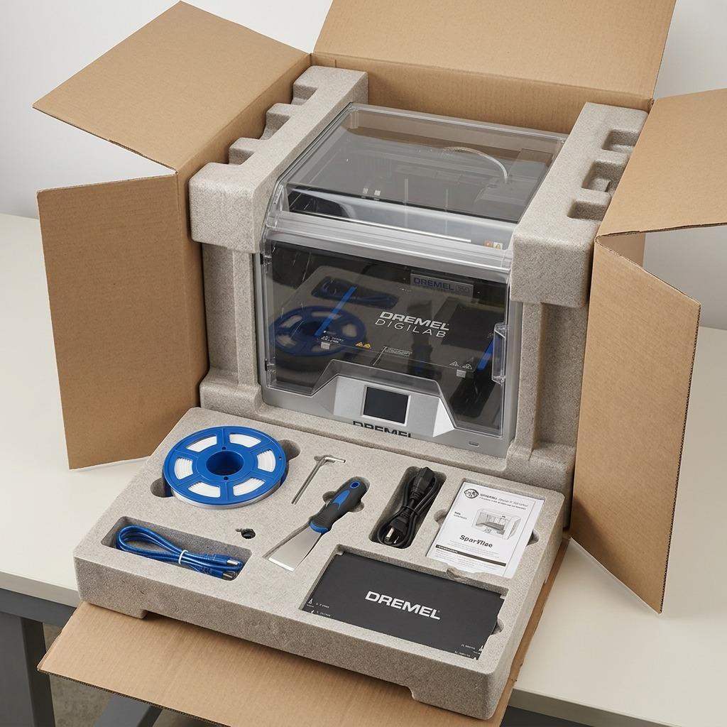Dremel DigiLab 3D40-FLX – Imprimante 3D — présentation de l’emballage, réf. 3D40-FLX-01