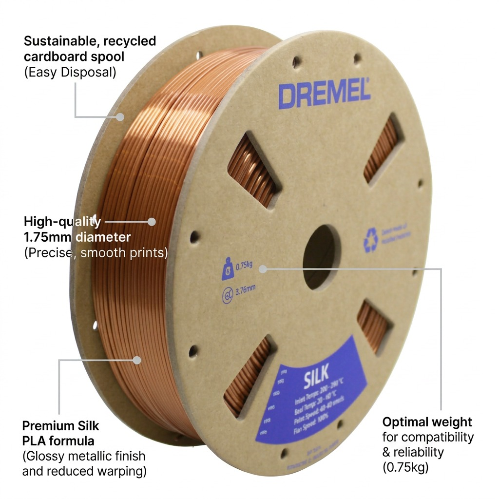 Dremel – Filament PLA soyeux cuivré, 1,75 mm, 0,75 kg — présentation des caractéristiques, réf. SLK-COP-01
