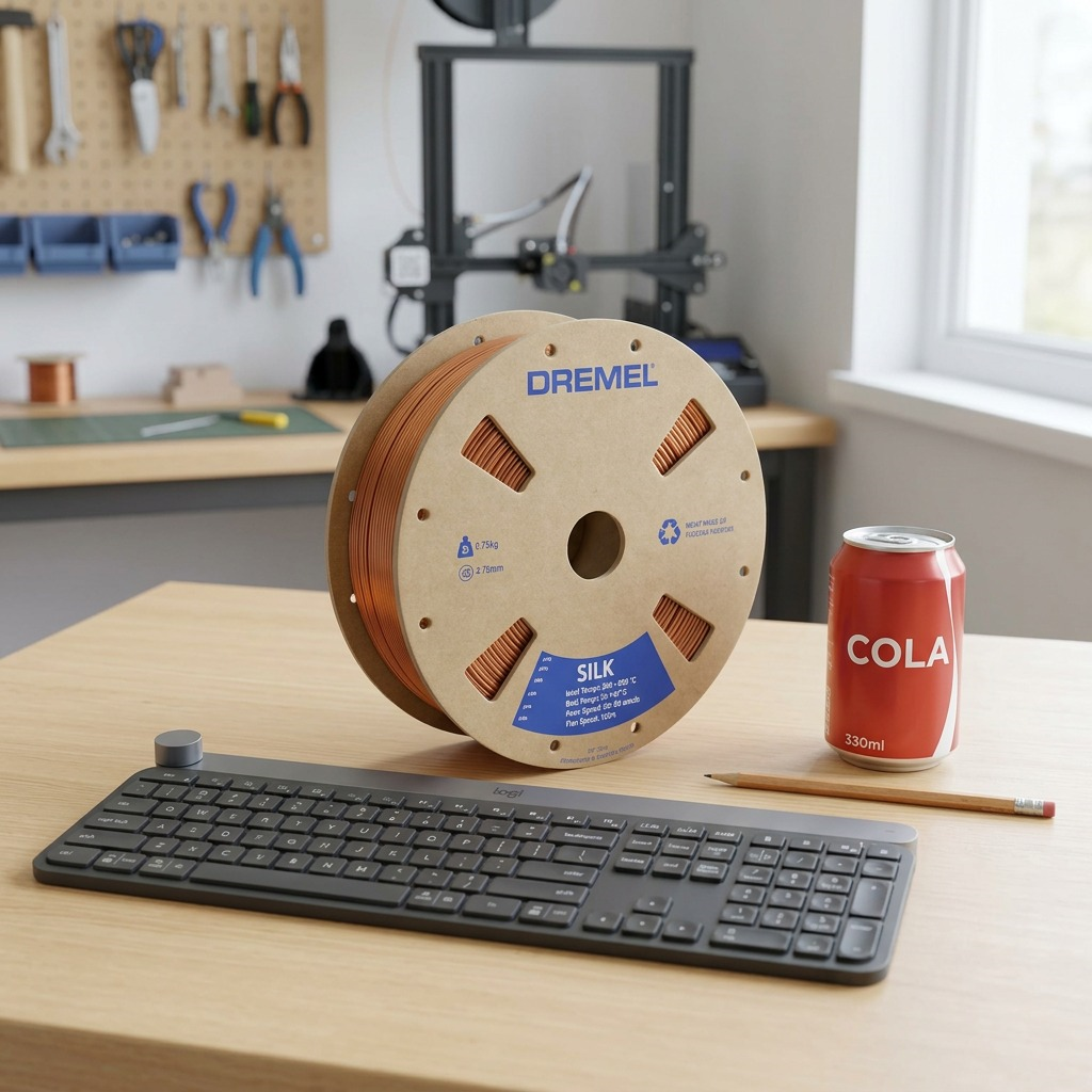 Dremel – Filament PLA soyeux cuivré, 1,75 mm, 0,75 kg — vue avec repère de taille, réf. SLK-COP-01