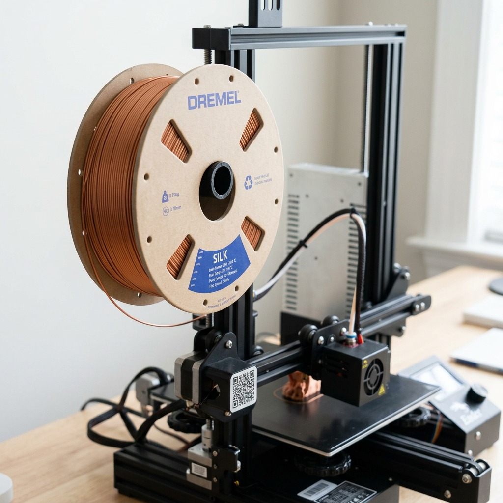 Dremel – Filament PLA soyeux cuivré, 1,75 mm, 0,75 kg — présentation en situation, réf. SLK-COP-01