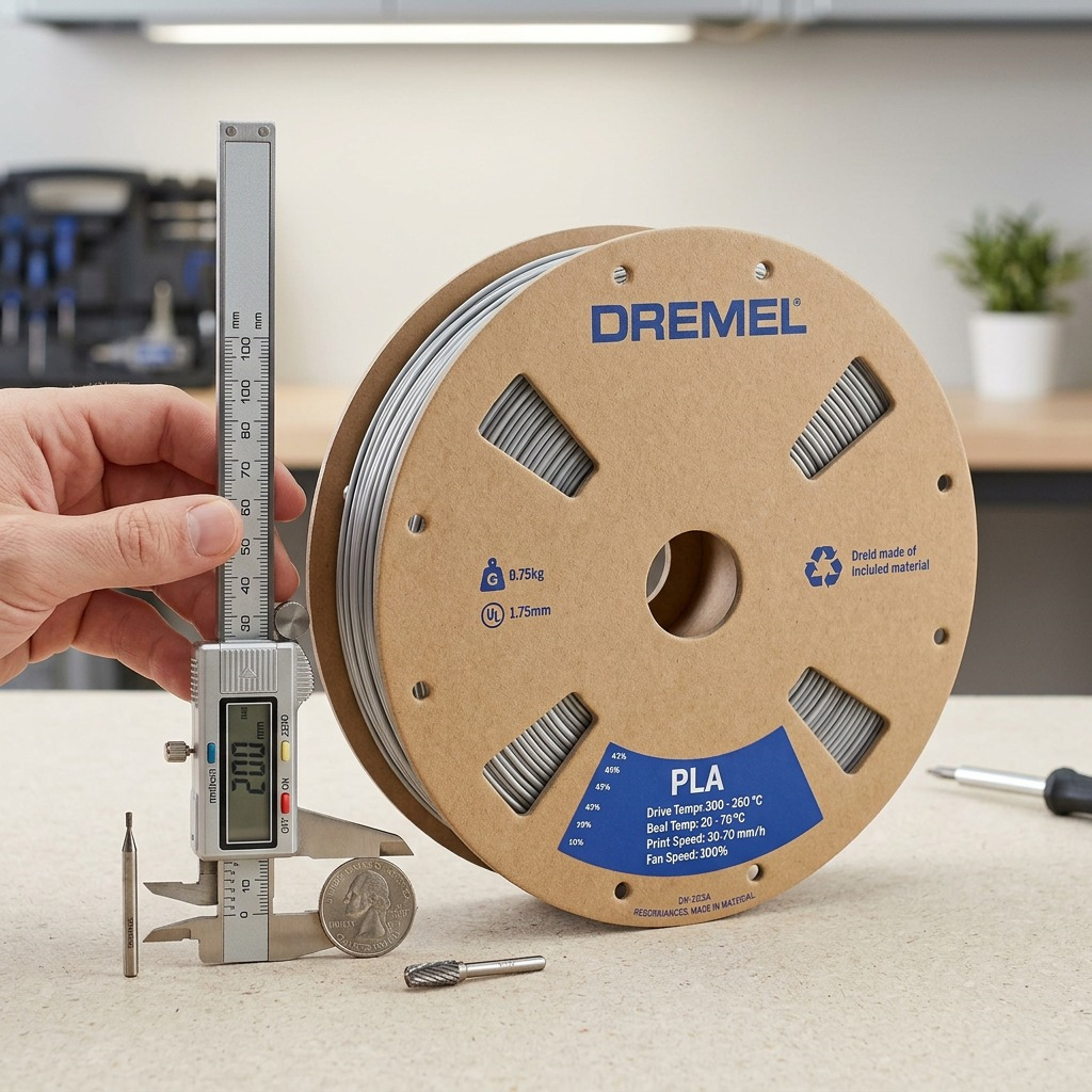 A crisp, centered ecommerce hero shot of a Dremel PLA filament spool with silver filament on a pure white background.