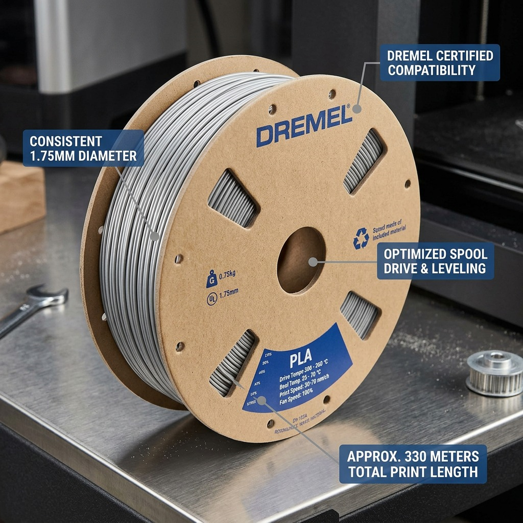 Dremel – Filament PLA gris, 1,75 mm, 0,75 kg — présentation des caractéristiques, réf. PLA-GRA-01