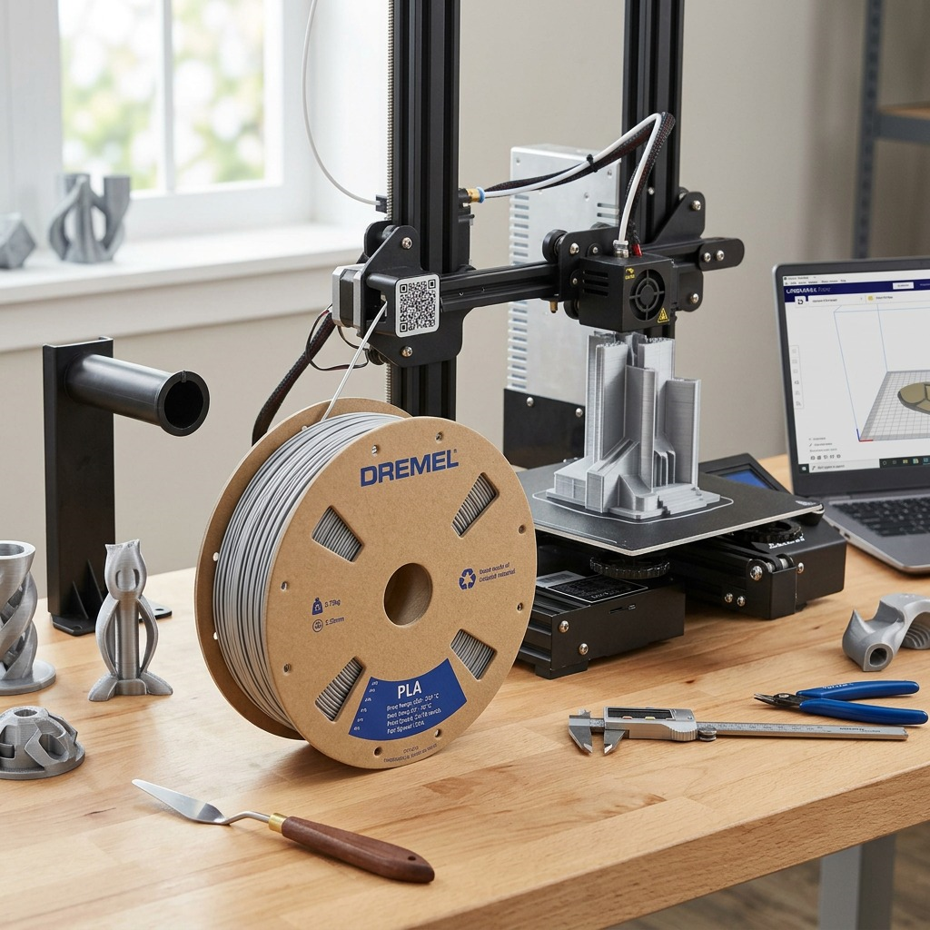 Dremel – Filament PLA gris, 1,75 mm, 0,75 kg — présentation en situation, réf. PLA-GRA-01
