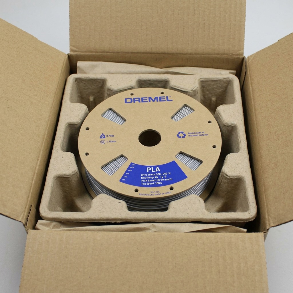 Dremel – Filament PLA gris, 1,75 mm, 0,75 kg — présentation de l’emballage, réf. PLA-GRA-01