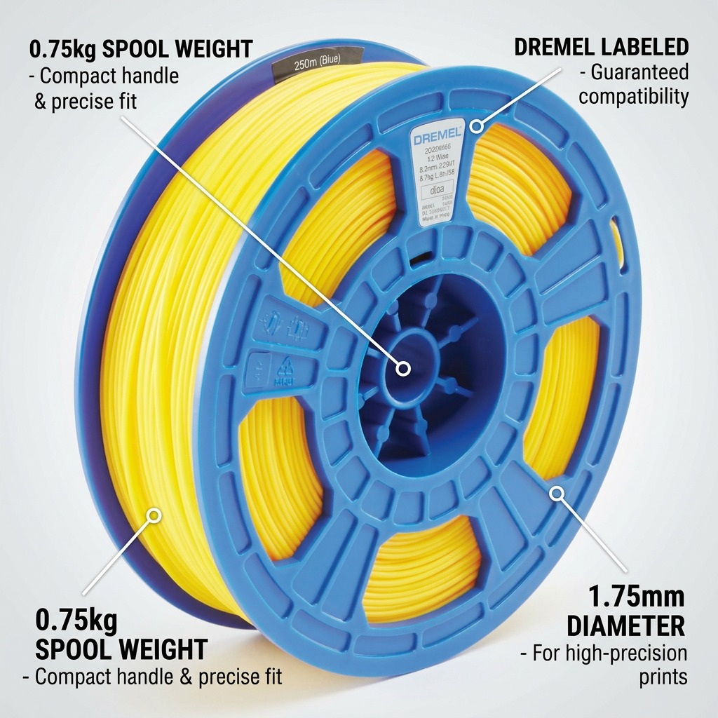 Pure high-resolution hero shot of a blue spool holding yellow Dremel PLA 3D printer filament.
